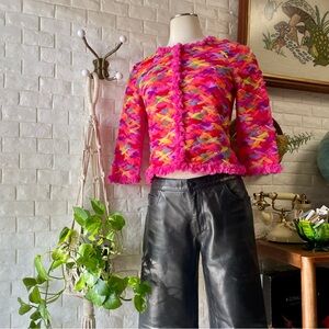 Vintage Michael Simon New York Vibrant Neon Ribbon Pink Cropped Cardigan Sweater